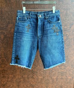 Chrome Hearts Crox Heart Blue Denim Black Leather Patch Shorts